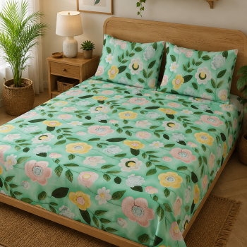 Sale Active 7D Digital Printed Double Bedsheet with 2 Pillow Covers, Floral Print & Cotton Blend